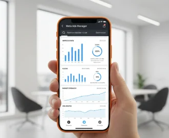 Nahaufnahme einer Hand, die ein orangefarbenes iPhone 17 Pro Max in einem modernen Büroumfeld hält. Der Bildschirm zeigt detaillierte blaue Meta Ads Manager Statistiken zu Immobilienmarketing-Kampagnen, inklusive Impressionen, Klicks und Budgetverbrauch.