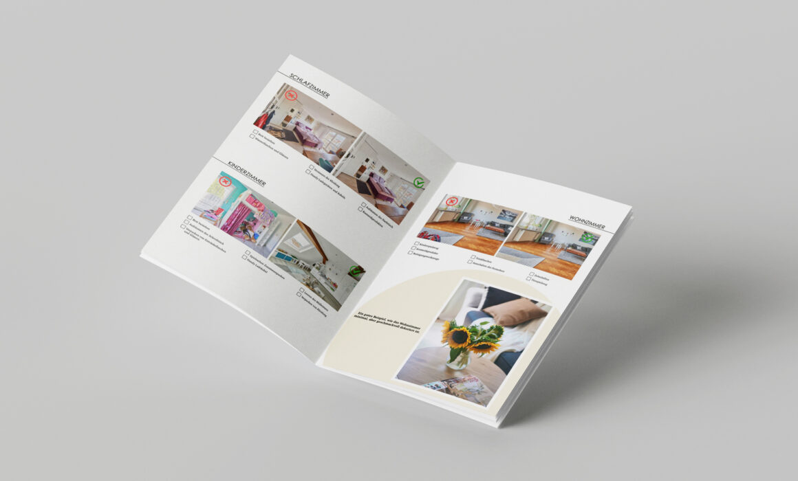 Vorbereitung für das Fotoshooting“ von ImmoPixels. Das Bild zeigt ein aufgeschlagenes Magazin mit klar strukturierten Raum-Tipps, Beispielbildern und übersichtlichen Anleitungen für Immobilienmakler und Eigentümer.